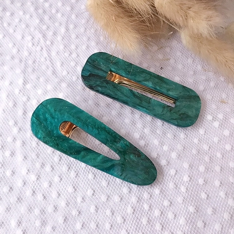 Retro Emerald Green Acetate Marble Texture Hair Clip Set Gold Metal Geometric Hollow Rectangle Waterdrop Side Clip Women Accessory