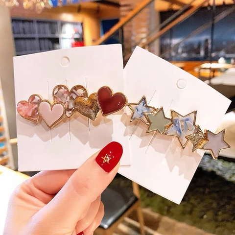 Koreaanse Stijl Hart Ster Vorm Haarclips Voor Vrouwen Meisjes Vintage Goud Legering Metalen Haarpunten Marmerpatroon Hars Eendenbek Clips Accessoires