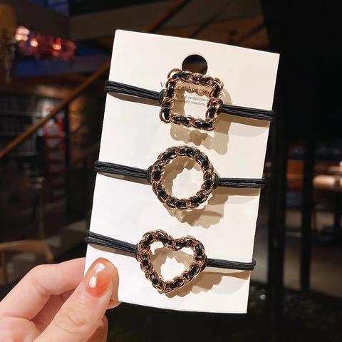Vintage Elegant Chain Hair Ties For Women Gold Metal Geometric Heart Round Square Elastic Hair Bands Korean Fashion Hair Accessories