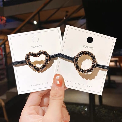 Vintage Elegant Chain Hair Ties For Women Gold Metal Geometric Heart Round Square Elastic Hair Bands Korean Fashion Hair Accessories