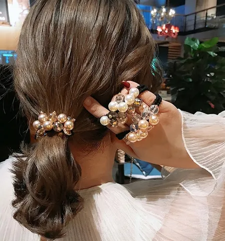 Lussuosi Elastici per Capelli Donna Elegante Perle Artificiali Strass Doppio Uso Fascia Elastica Accessorio per Capelli Moda