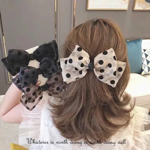 Große Polka Dot Netz Schleife Haarclip Elegant Organza Beflockung Haargummi Süß Übergroße Haarschmuck Für Damen Mädchen Täglich Dating Geschenk