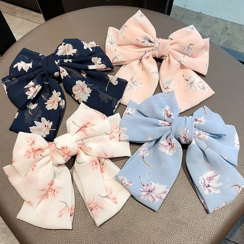 Women Sweet Chiffon Large Bow Hair Clip Floral Print Double Layer Spring Clip Fairy Princess Hair Accessories For Girls