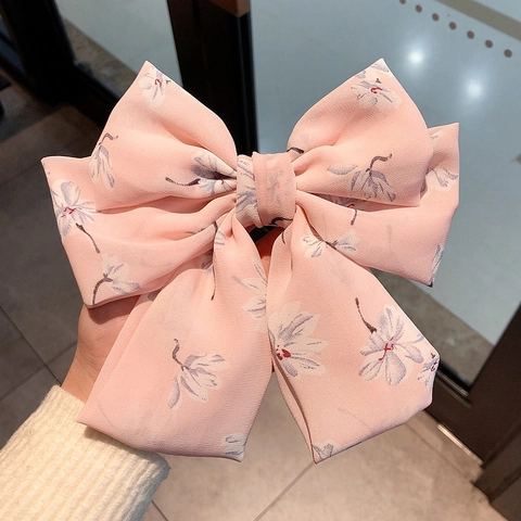 Women Sweet Chiffon Large Bow Hair Clip Floral Print Double Layer Spring Clip Fairy Princess Hair Accessories For Girls