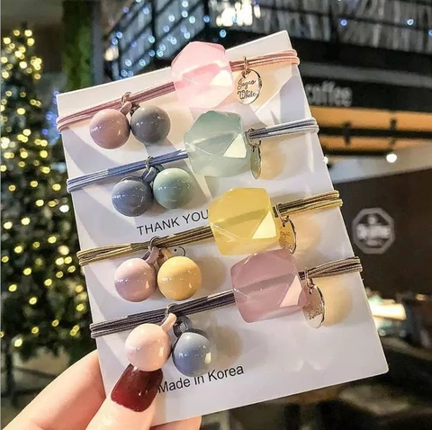 Gomas de Pelo Elásticas Estilo Coreano Color Macarrón para Mujer Cuentas de Resina Geométricas Colgante de Metal Accesorios