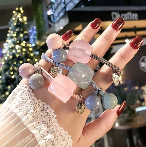 Gomas de Pelo Elásticas Estilo Coreano Color Macarrón para Mujer Cuentas de Resina Geométricas Colgante de Metal Accesorios
