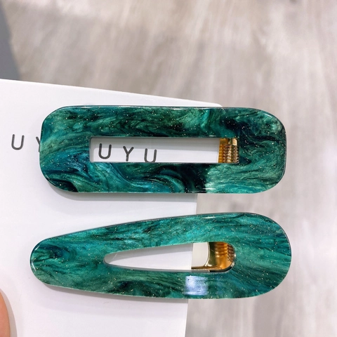 Set di Fermagli per Capelli in Acetato Marmo Verde Smeraldo Vintage Donna Clip Laterali Geometriche in Resina Glitter Oro