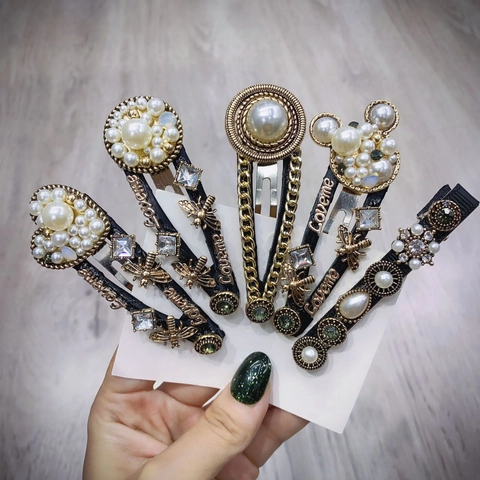 Pinza para el Cabello de Aleación Vintage Con Perla Artificial Diamantes de Imitación Abeja Forma de Corazón Lateral para Mujer