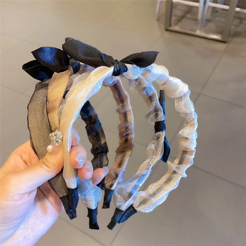 Serre-tête en Organza Plissé Style Français pour Femmes Élégant Bandeau en Maille Avec Nœud Vintage Bijoux de Tête