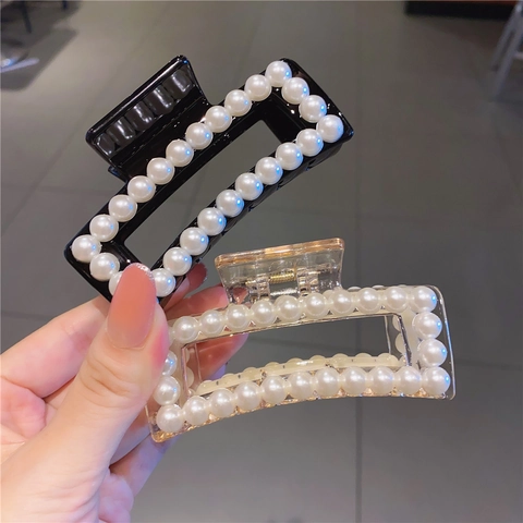 Pinza per Capelli Rettangolare Grande con Perle Retrò Francese per Donna Elegante Fermaglio in Acrilico Antiscivolo per Doccia e Acconciature