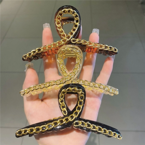 Pinza para el Cabello Grande Estilo Coreano con Cadena de Metal Resina Clip de Pelo Antideslizante para Mujer Sujeción Fuerte Accesorios Elegantes