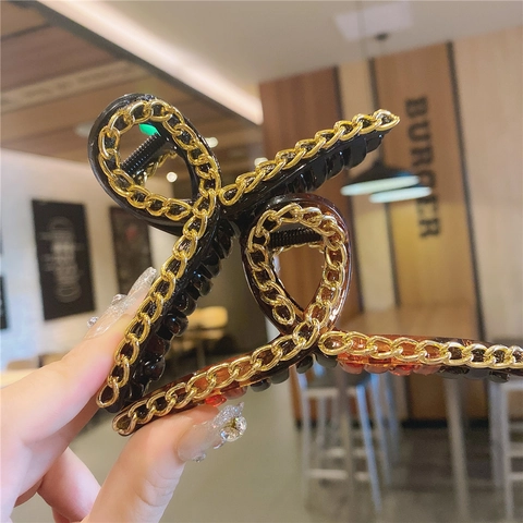 Pinza para el Cabello Grande Estilo Coreano con Cadena de Metal Resina Clip de Pelo Antideslizante para Mujer Sujeción Fuerte Accesorios Elegantes