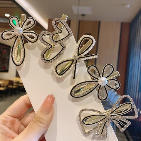 Korean Style Gold Alloy Faux Pearl Rhinestone Hair Clip Bow Heart Flower Duckbill Clip Elegant Hair Accessories For Women