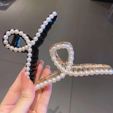 Elegante Grande Pinza per Capelli in Resina Con Decorazione in Perle Artificiali per Donna Design a Croce Accessorio per Capelli Antiscivolo Champagne Nero Ambra