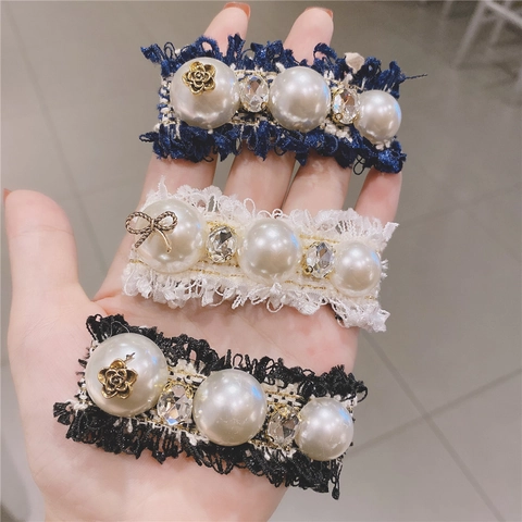 Elegante Fermaglio per Capelli in Tweed con Perle Artificiali e Strass per Donna Retro Tessuto di Pizzo Becco d'Anatra Stile Coreano
