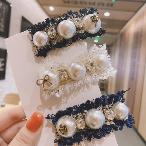 Elegante Fermaglio per Capelli in Tweed con Perle Artificiali e Strass per Donna Retro Tessuto di Pizzo Becco d'Anatra Stile Coreano