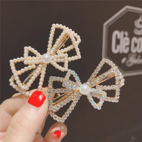 Elegante Fermaglio per Capelli a Fiocco Stile Coreano Perla Artificiale Strass Lega Becco d'Anatra Donna Accessori Capelli