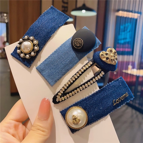 Fermaglio per Capelli Vintage in Tessuto Denim con Perle Artificiali Strass Cuore Ancora Stile Coreano Donna Accessorio