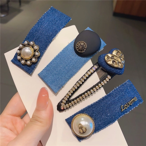 Fermaglio per Capelli Vintage in Tessuto Denim con Perle Artificiali Strass Cuore Ancora Stile Coreano Donna Accessorio