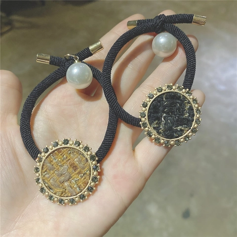 Elegante Elastico per Capelli Rotondo in Tweed Francese Con Decorazione in Perla Artificiale e Strass per Donna Gioielli