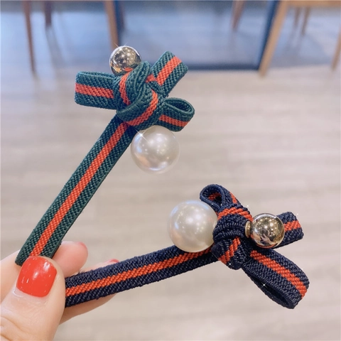 Fermaglio per Capelli con Fiocco a Righe Vintage con Perla Artificiale e Sfera di Metallo Nastro Stile Preppy Donna