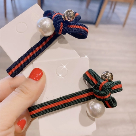 Fermaglio per Capelli con Fiocco a Righe Vintage con Perla Artificiale e Sfera di Metallo Nastro Stile Preppy Donna