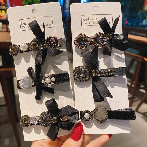 Fermaglio per Capelli con Fiocco Nero Vintage Strass Lega Raso Velluto Perla Artificial Becco di Corvo per Donna Gioielli per Capelli Eleganti Francesi