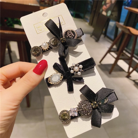 Fermaglio per Capelli con Fiocco Nero Vintage Strass Lega Raso Velluto Perla Artificial Becco di Corvo per Donna Gioielli per Capelli Eleganti Francesi