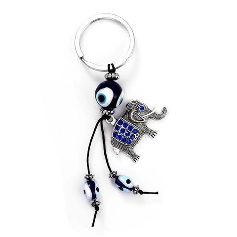 Portachiavi Fortunato con Occhio del Malocchio e Elefante Donna Uomo Metallo Argentato Strass Perla di Vetro Blu Pendente Borsa