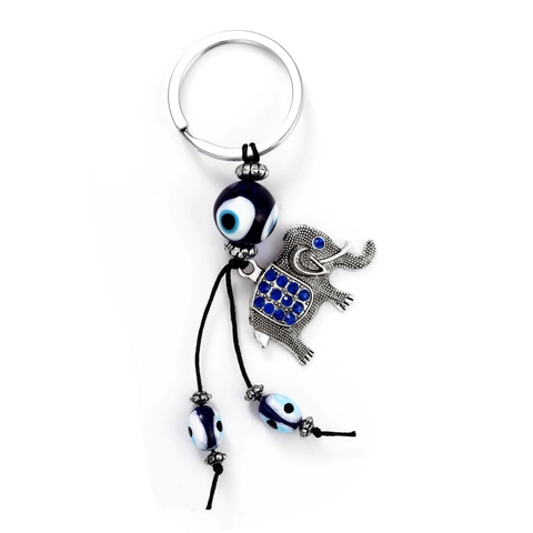 Portachiavi Fortunato con Occhio del Malocchio e Elefante Donna Uomo Metallo Argentato Strass Perla di Vetro Blu Pendente Borsa