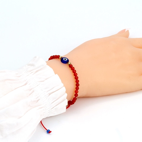 Handmade Red Garnet Beaded Bracelet With Blue Evil Eye Glass Charm Adjustable Red Rope Lucky Protection Jewelry For Women