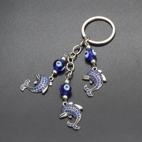 Llavero de Delfín Mal de Ojo Azul de Aleación de Zinc con Delfín de Diamantes de Imitación Colgante de Bolso Regalo de Protección