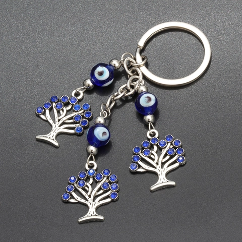 Portachiavi in Lega con Albero della Vita e Malocchio con Strass e Perle di Vetro Blu Ciondolo per Borsa Regalo Gioielli