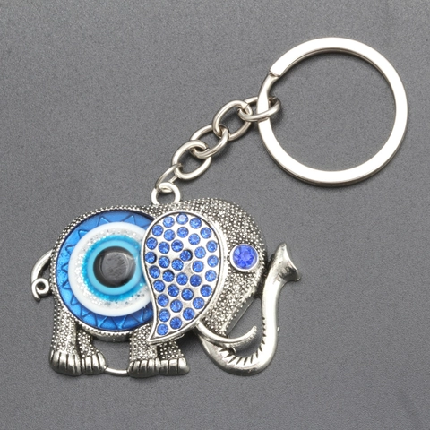 Llavero de Elefante Vintage de Aleación de Zinc Plateada Con Colgante de Ojo Malvado de Diamantes de Imitación Azules Amuleto Protector Regalo para Mujeres Hombres