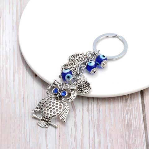 Llavero de Búho de Aleación de Zinc Vintage Con Cuentas de Vidrio de Mal de Ojo Azul Colgante de Strass Amuleto de Suerte Para Coche