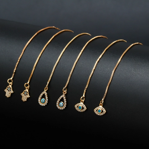 Orecchini a Filo Boemia Malocchio Mano di Fatima Placcati Oro Rame Zirconia Catena Lunga Orecchini Pendenti per Donna