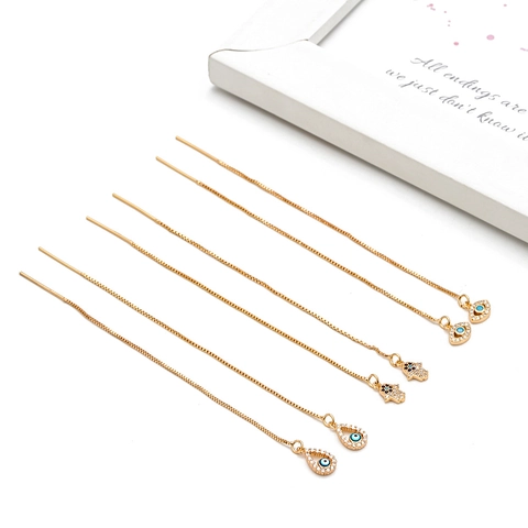 Orecchini a Filo Boemia Malocchio Mano di Fatima Placcati Oro Rame Zirconia Catena Lunga Orecchini Pendenti per Donna