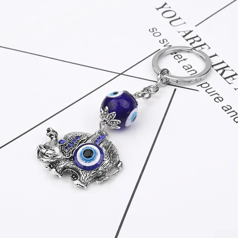 Portachiavi con Elefante in Lega Vintage Con Perlina in Vetro Malocchio Blu Strass Stile Etnico Ciondolo per Auto