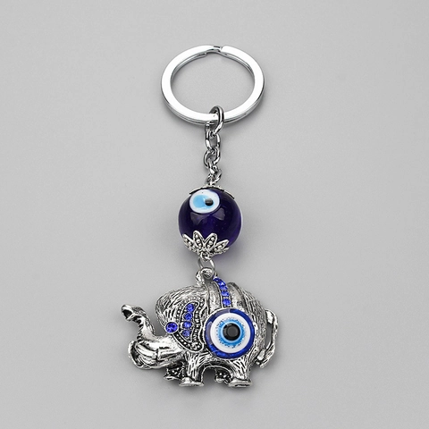 Portachiavi con Elefante in Lega Vintage Con Perlina in Vetro Malocchio Blu Strass Stile Etnico Ciondolo per Auto