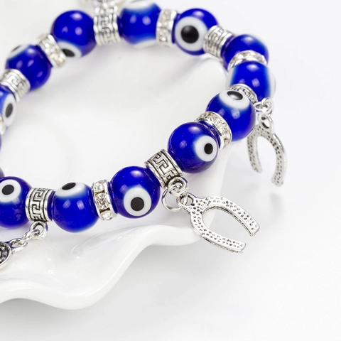 Bracelet Élastique Perles de Cristal en Verre Bleu Mauvais Œil Bohème pour Femme Alliage Strass Amulette Fer à Cheval Bijoux