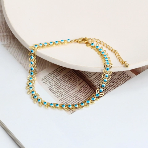 Chaîne de Cheville en Cuivre Doré Feuille Mauvais Œil pour Femme Réglable Émail Chaîne de Pied Bijoux de Plage Cadeau