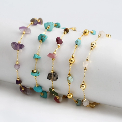 Bohemian Natur Bruchstein Armband Für Damen Vergoldete Kupferkette Amethyst Türkis Perlen Verstellbarer Schmuck