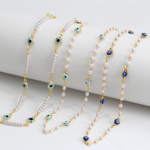 Collana di Künstliche Perle Malocchio Placcata in Oro Rame Bohémien per Donna Gioielli con Perline Blu Smaltate