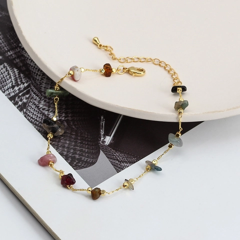 Bohemian Natur Bruchstein Armband Für Damen Vergoldete Kupferkette Amethyst Türkis Perlen Verstellbarer Schmuck