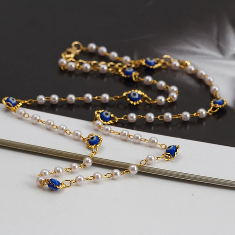 Collana di Künstliche Perle Malocchio Placcata in Oro Rame Bohémien per Donna Gioielli con Perline Blu Smaltate