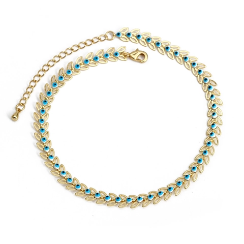 Chaîne de Cheville en Cuivre Doré Feuille Mauvais Œil pour Femme Réglable Émail Chaîne de Pied Bijoux de Plage Cadeau