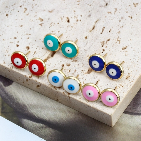 Vintage Evil Eye Stud Earrings For Women Colorful Enamel Nazar Amulet Earrings Boho Gold Plated Copper Geometric Ear Jewelry Gift