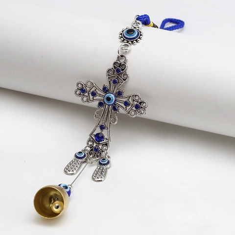 Ciondolo a Croce Malocchio in Lega Vintage Amuleto con Strass Blu Decorazione Domestica da Parete Fortunato Nazar Protezione Ornamento Auto