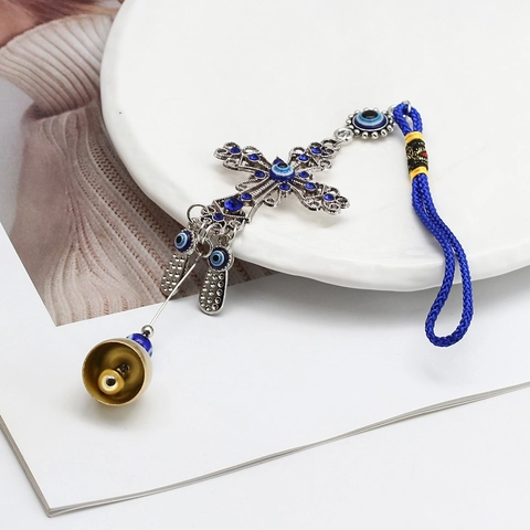 Ciondolo a Croce Malocchio in Lega Vintage Amuleto con Strass Blu Decorazione Domestica da Parete Fortunato Nazar Protezione Ornamento Auto