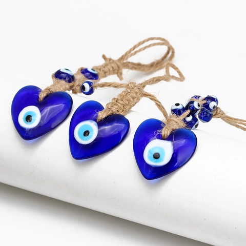 Portachiavi Malocchio Turco Vetro Blu Scuro Cuore Stella Pendente Corda Canapa Artigianale Ornamento Auto Amuleto Nazar Casa